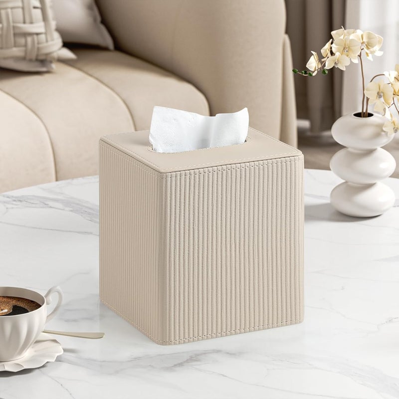Cretkhp Tissue Box Cover Square with Magnetic Closure, PU Leather Tissue Box Holder for Bathroom NightStands Livingroom, Decorative Modern Square Tissue Holder (Beige) - Image 2